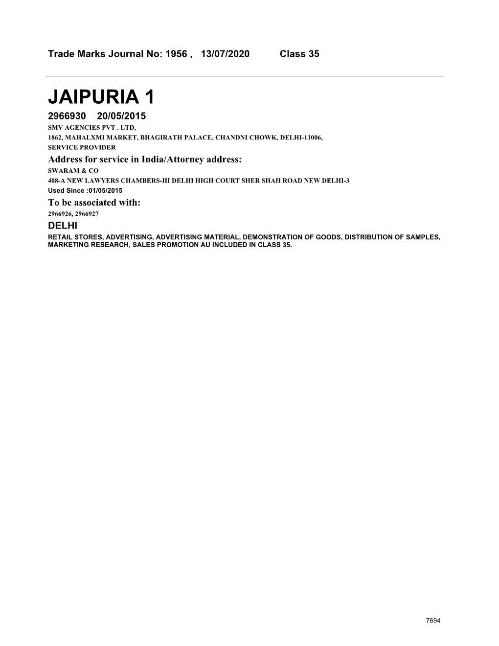 Jaipuria 1 2966930 20/05/2015 Smv Agencies Pvt