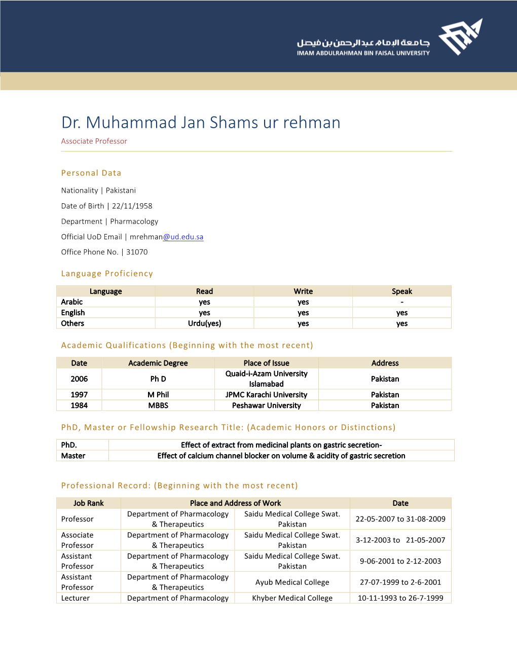 Dr. Muhammad Jan Shams Ur Rehman Associate Professor