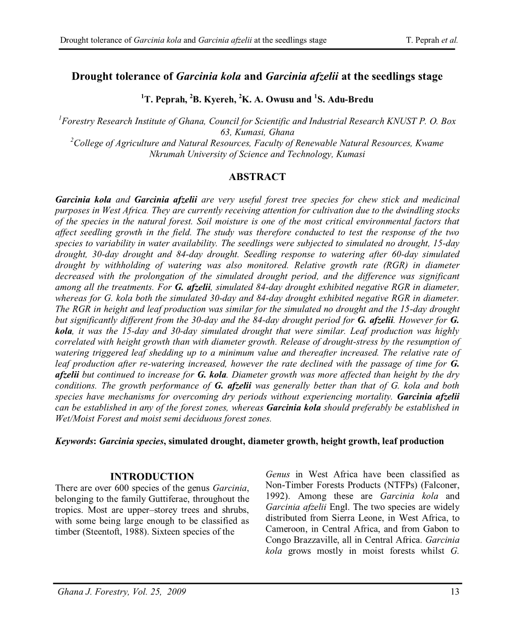 Drought Tolerance of Garcinia Kola and Garcinia Afzelii at the Seedlings Stage T