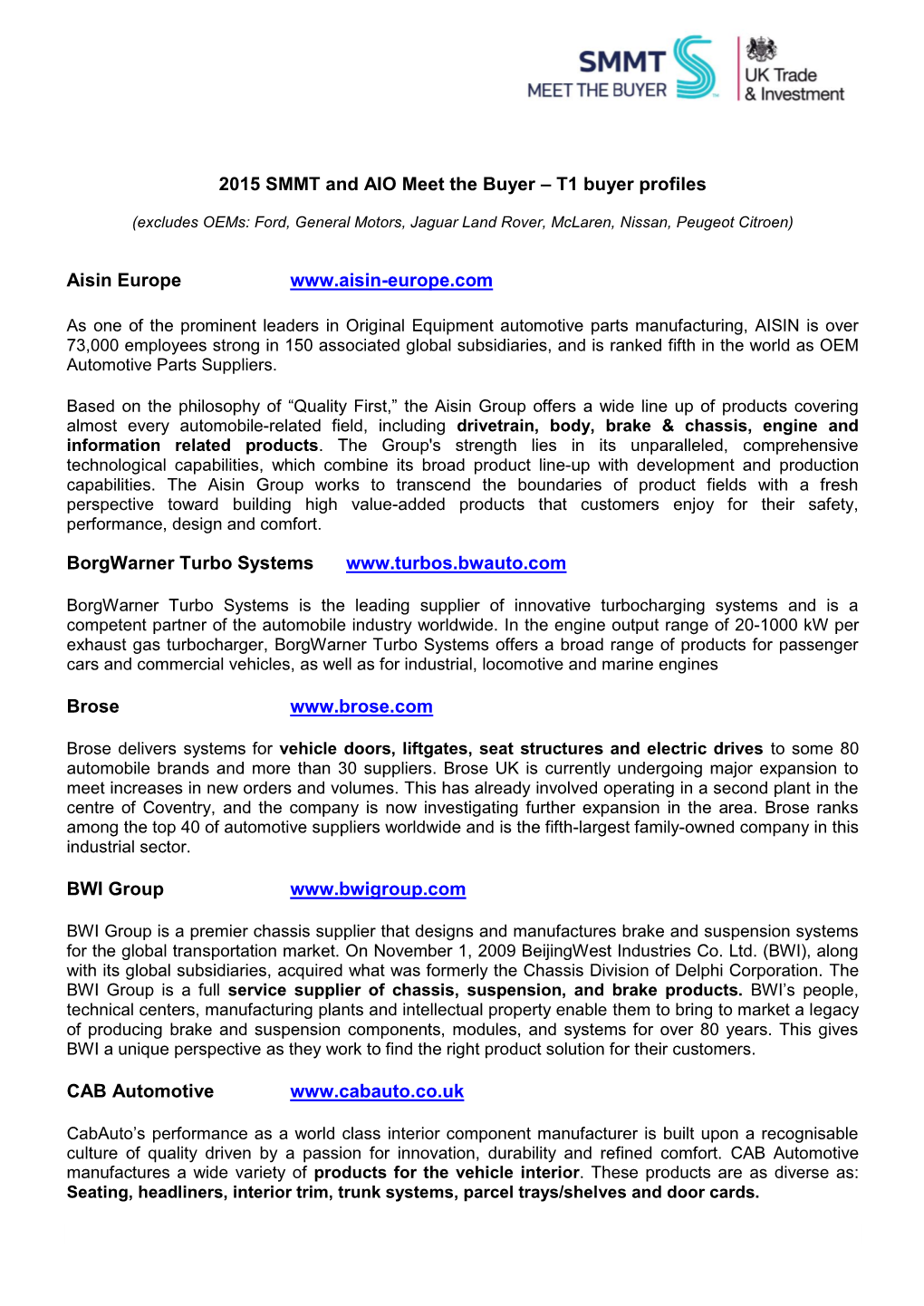 2015 SMMT and AIO Meet the Buyer – T1 Buyer Profiles Aisin Europe