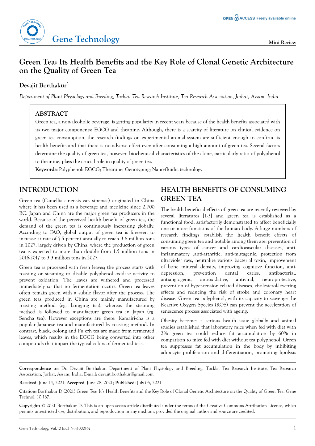 Green Tea: Its Health Benefits and the Key Role of Clonal Genetic Architecture on the Quality of Green Tea