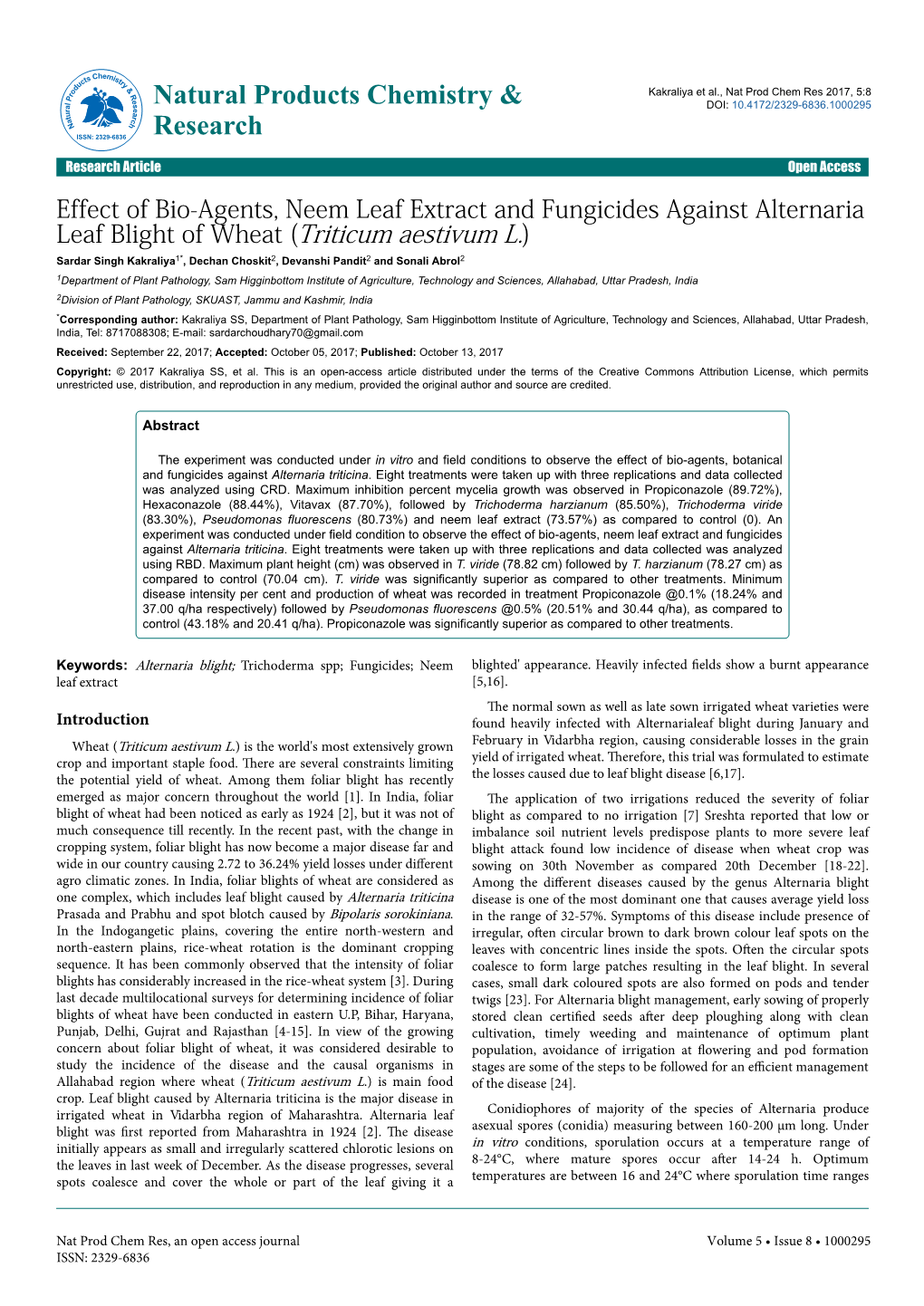 Effect of Bio-Agents, Neem Leaf Extract