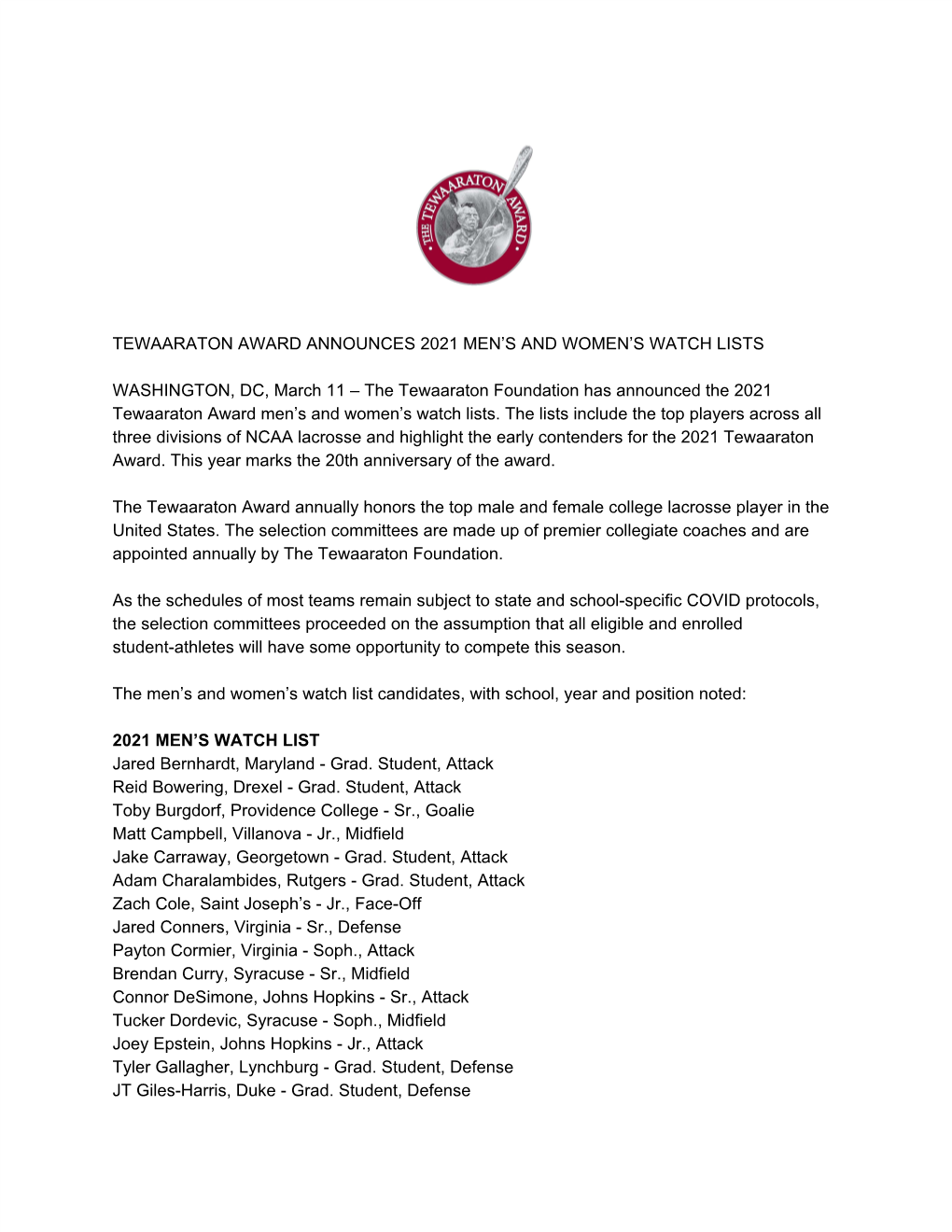 The Tewaaraton Foundation Has Announced the 2021 Tewaaraton Award Men’S and Women’S Watch Lists