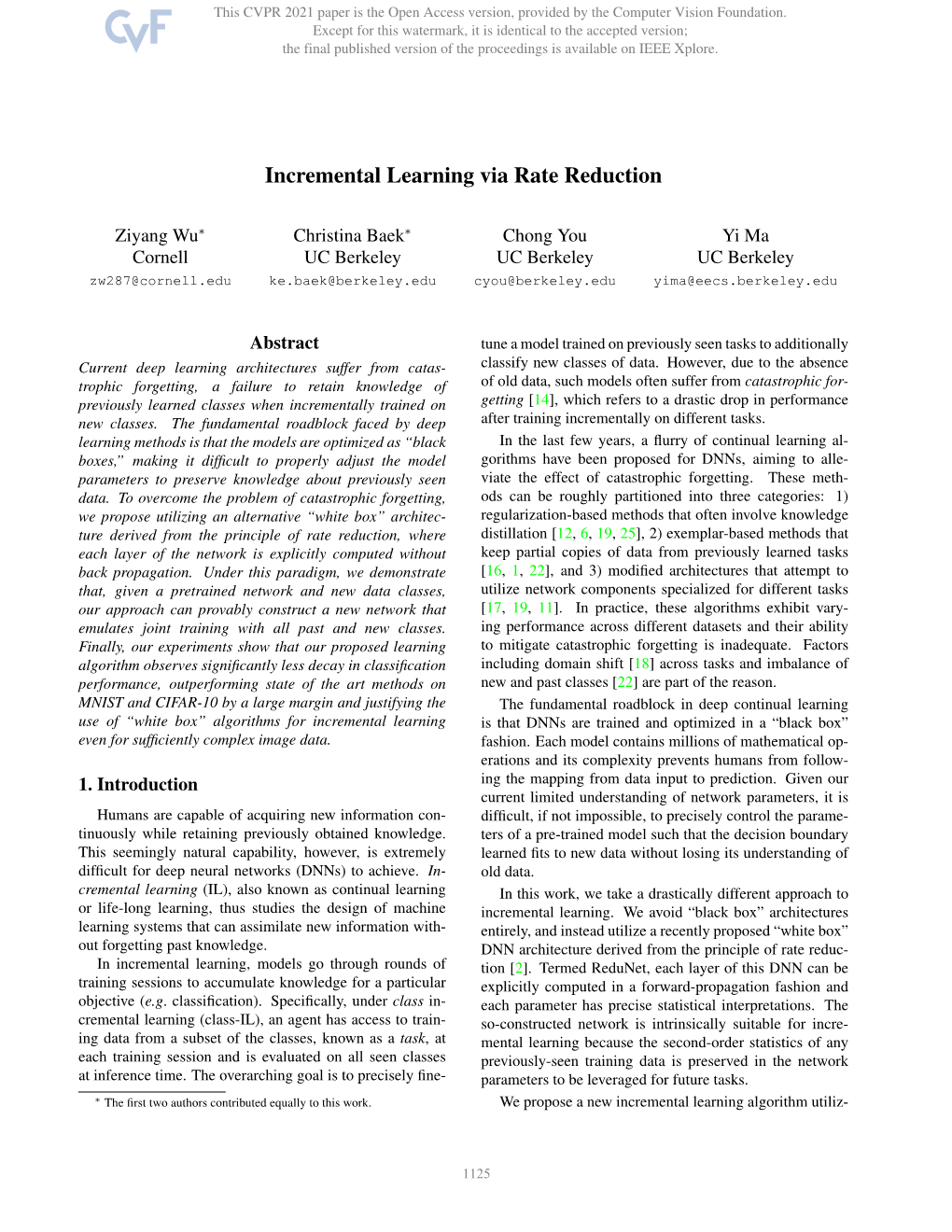 Incremental Learning Via Rate Reduction