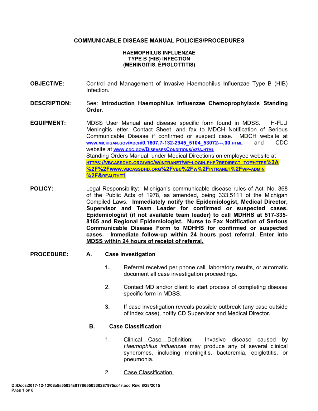 Policy/Procedure for Hemophilus Influenzae Meningitis