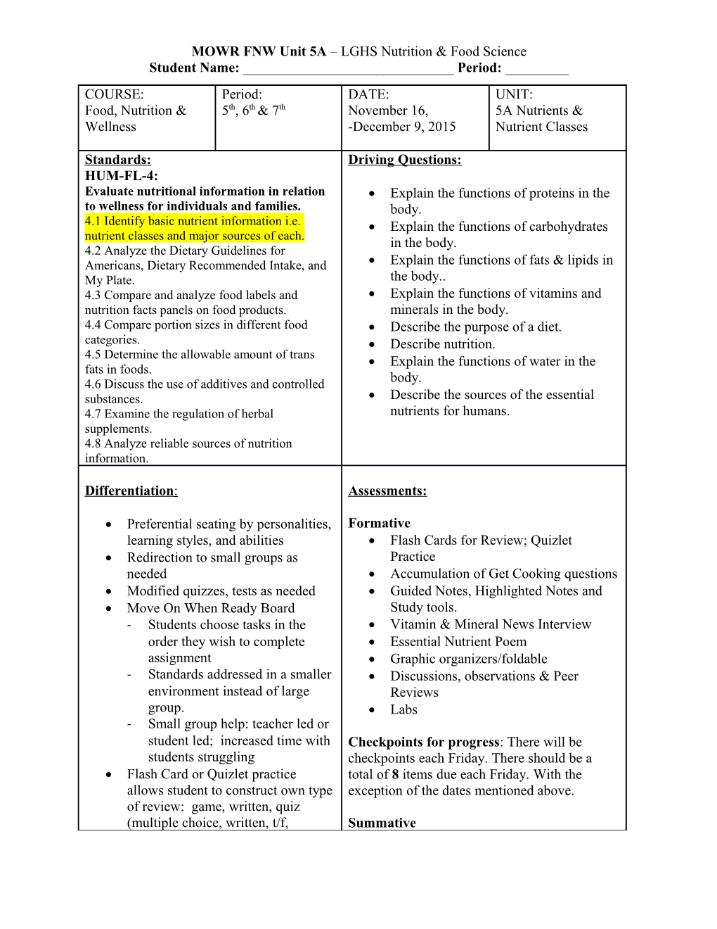 MOWR FNW Unit 5A LGHS Nutrition & Food Science