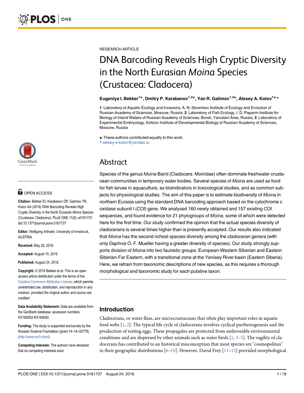 DNA Barcoding Reveals High Cryptic Diversity in the North Eurasian Moina Species (Crustacea: Cladocera)