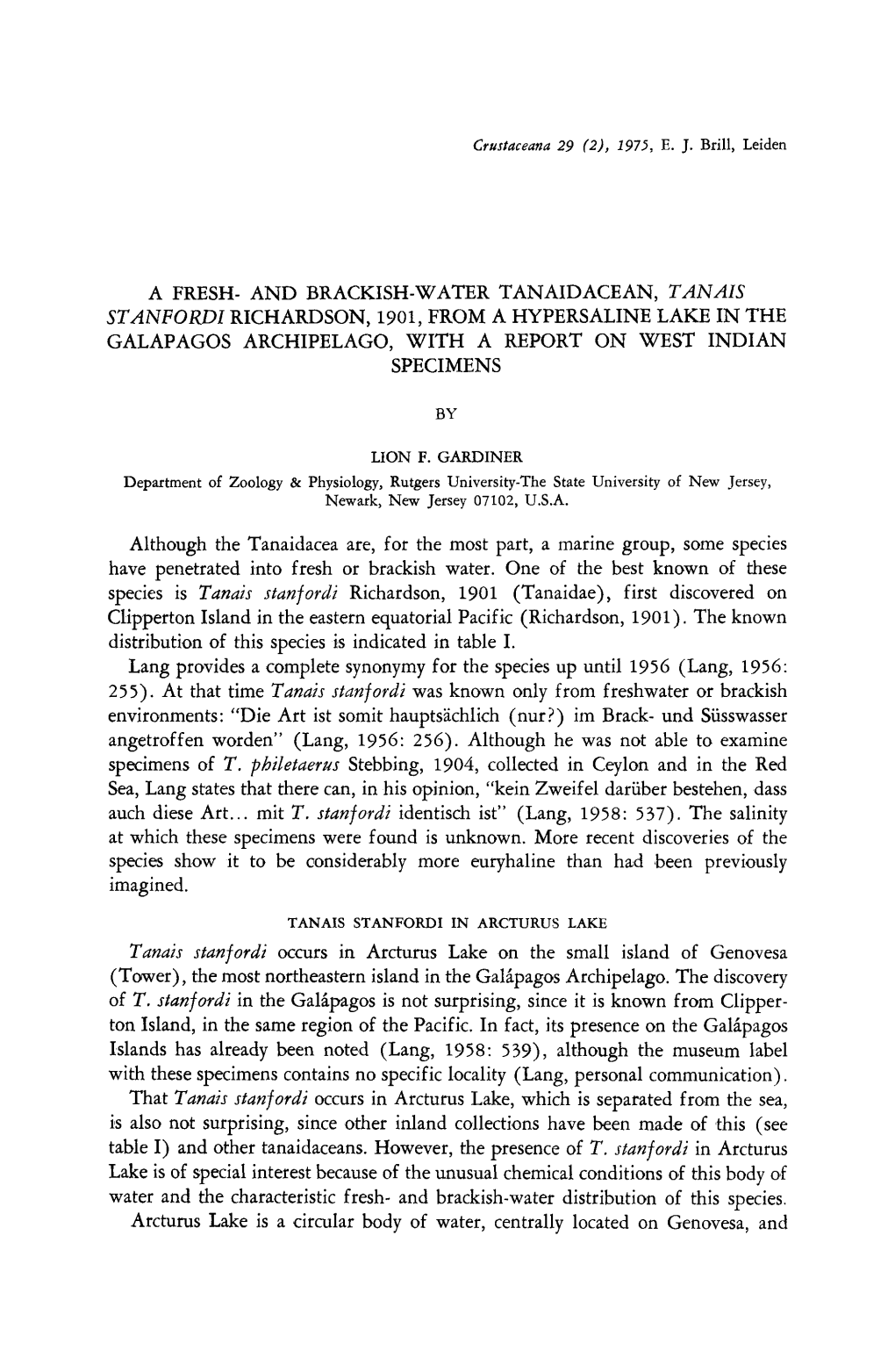 A Fresh- and Brackish-Water Tanaidacean, Tanais Stanfordi Richardson, 1901, from a Hypersaline Lake in the Galapagos Archipelago