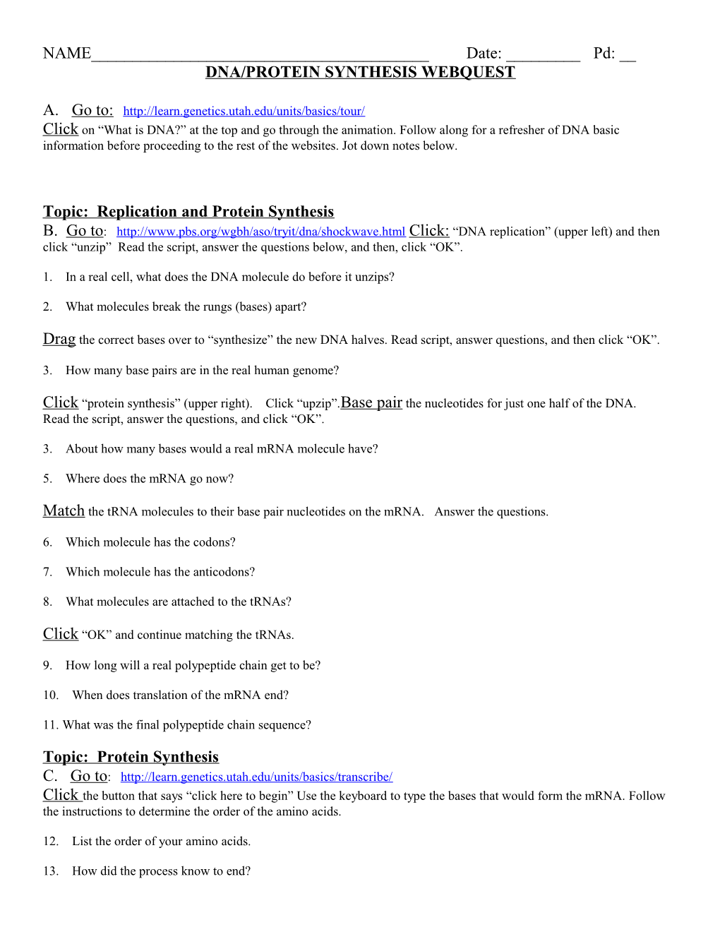 Dna/Protein Synthesis Webquest