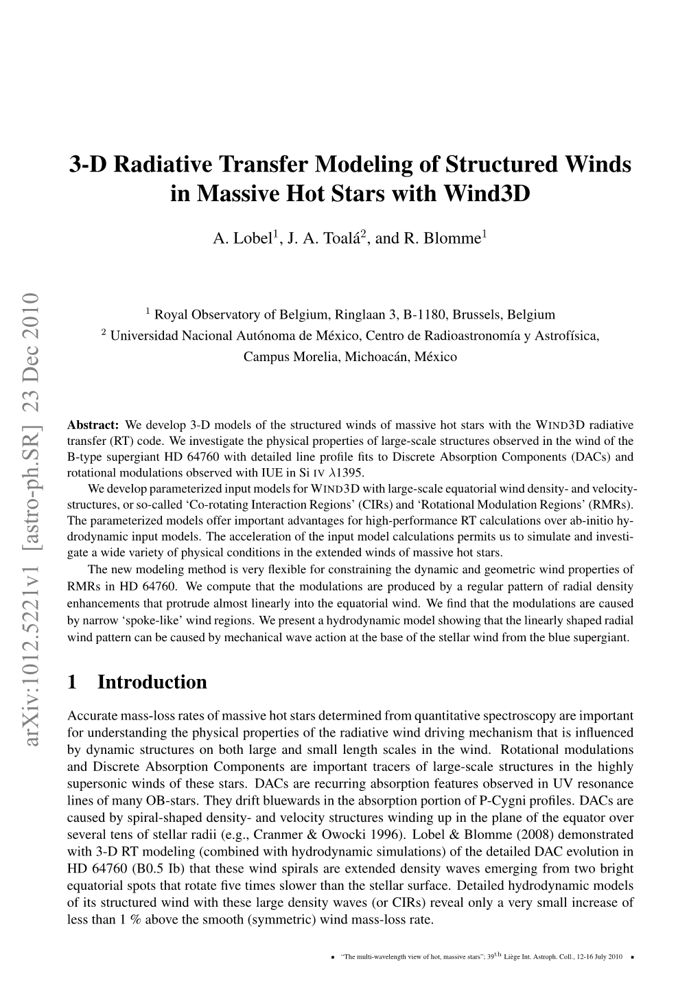 3-D Radiative Transfer Modeling of Structured Winds in Massive Hot Stars with Wind3d Arxiv:1012.5221V1 [Astro-Ph.SR] 23 Dec 20