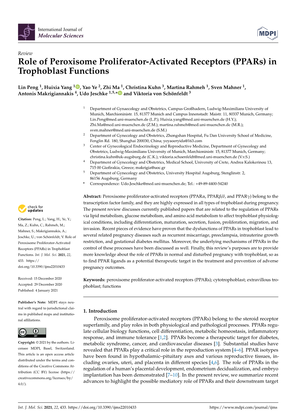 Role of Peroxisome Proliferator-Activated Receptors (Ppars) in Trophoblast Functions