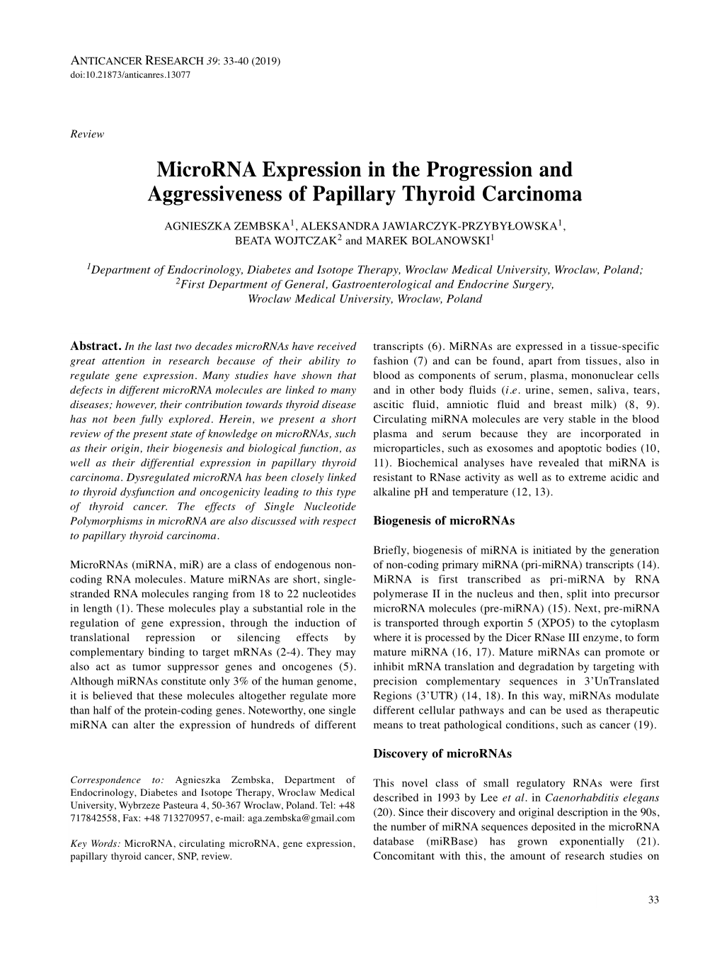 Microrna Expression in the Progression and Aggressiveness Of