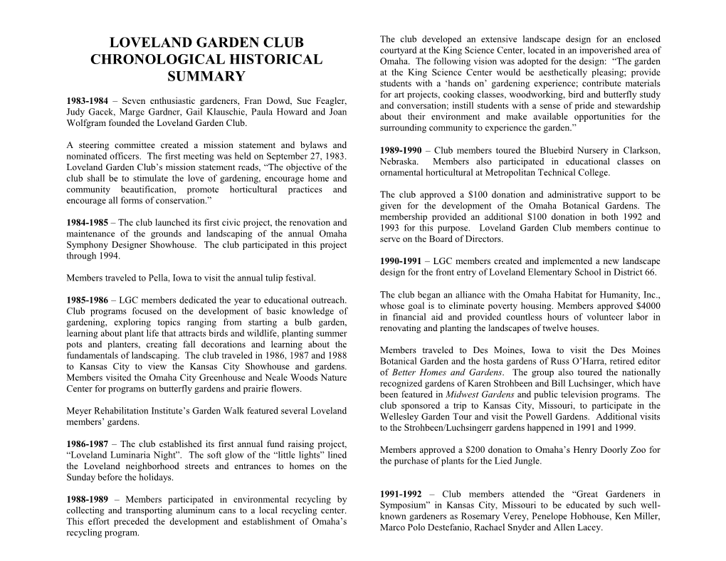 Loveland Garden Club Chronological Historical