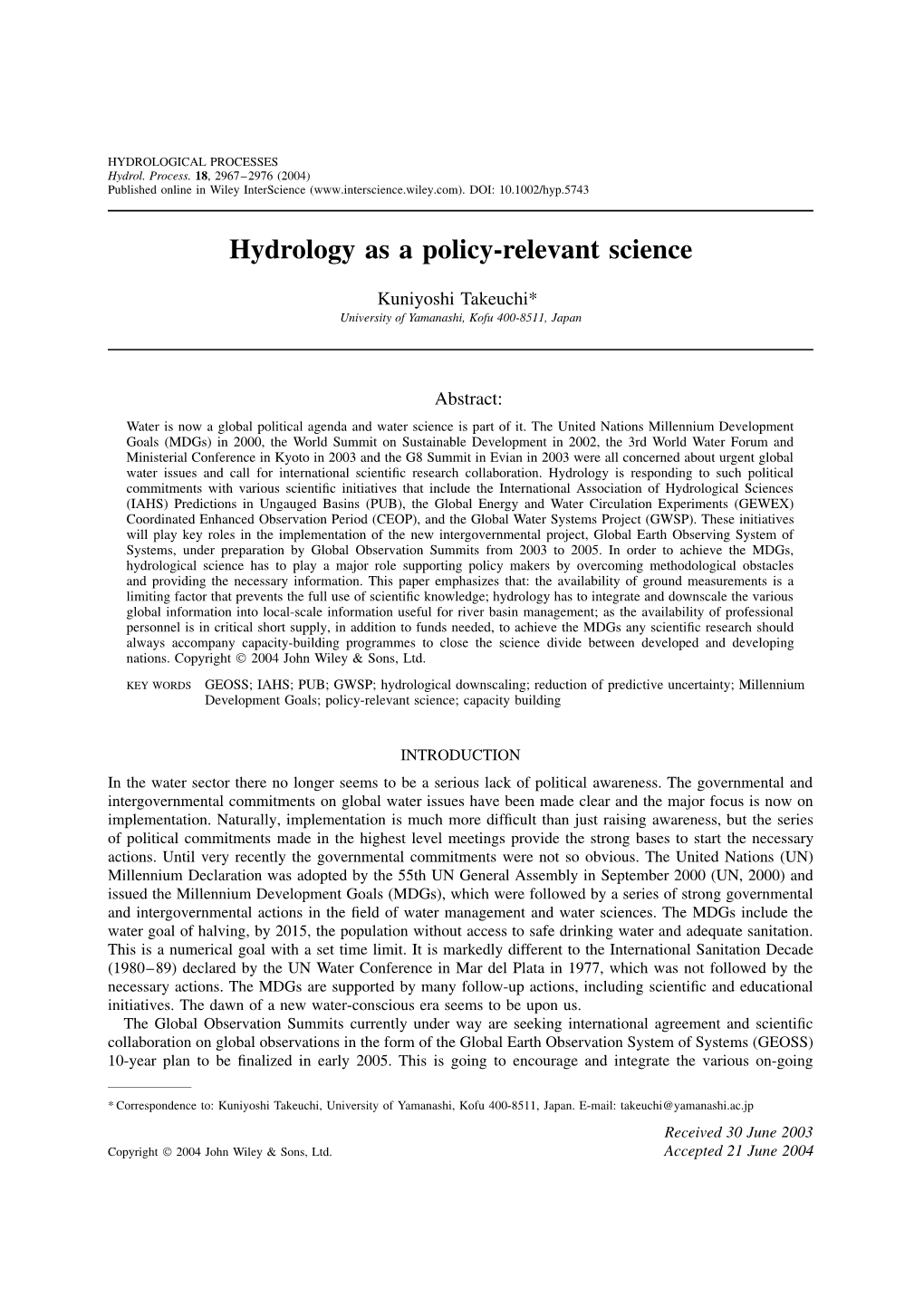 Hydrology As a Policy-Relevant Science