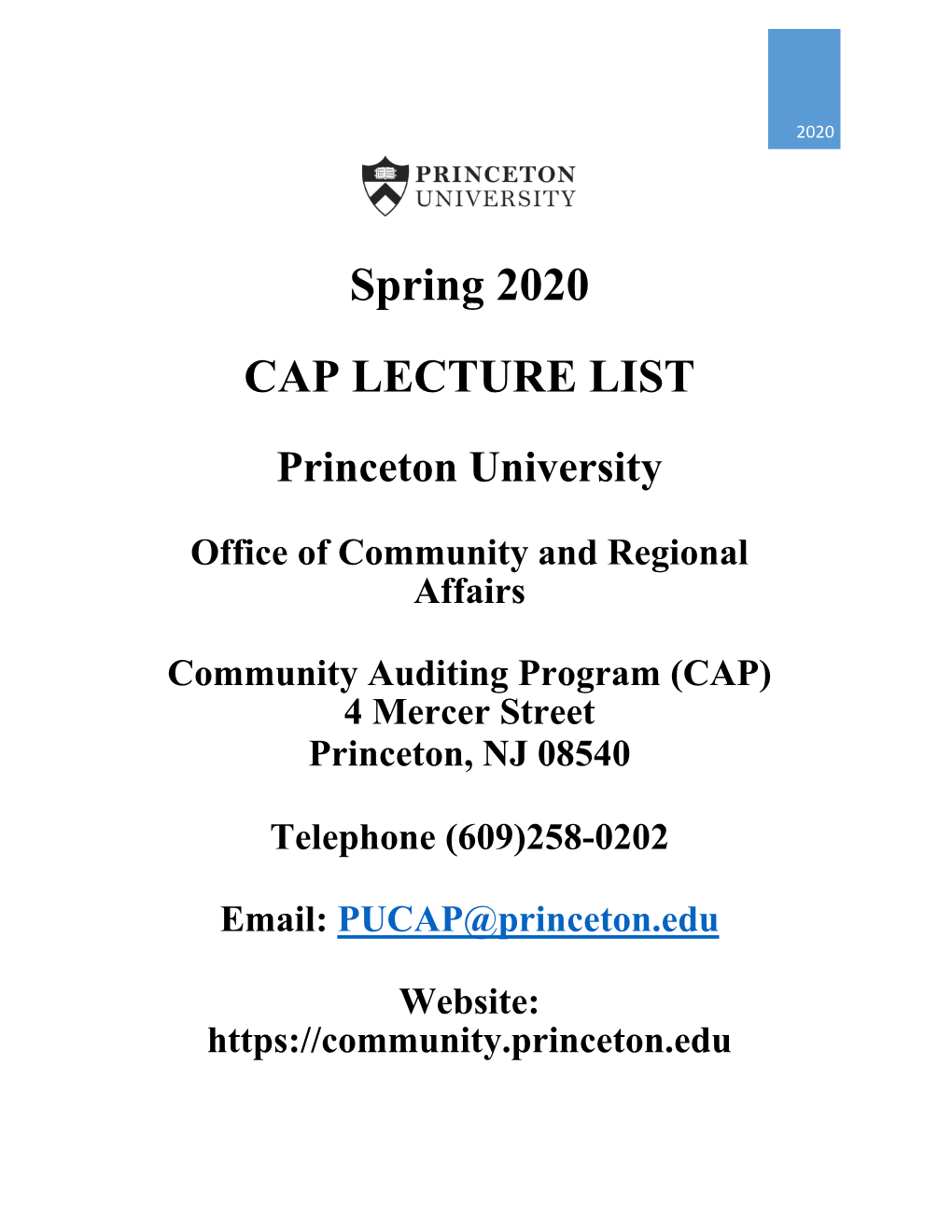 Spring 2020 CAP LECTURE LIST Princeton University Office Of