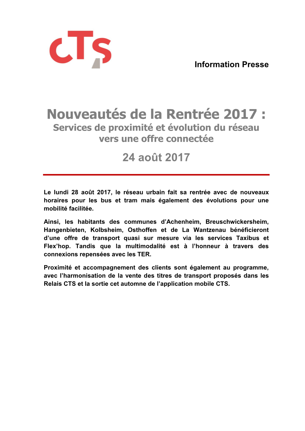 Nouveautés CTS De La Rentrée 2017