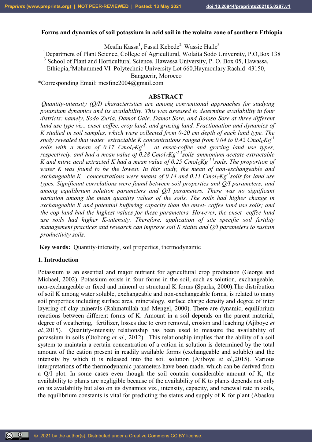 Forms and Dynamics of Soil Potassium in Acid Soil in the Wolaita Zone of Southern Ethiopia