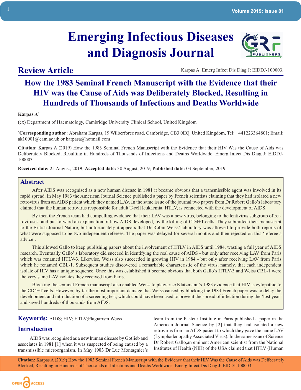 Emerging Infectious Diseases and Diagnosis Journal Review Article Karpas A