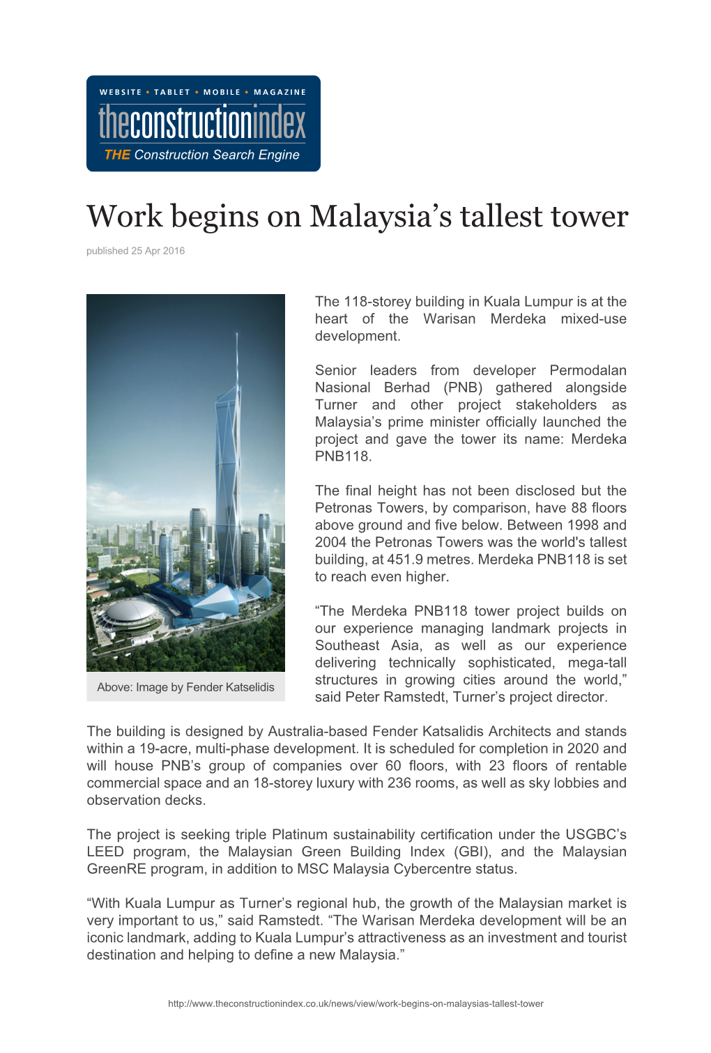 Work Begins on Malaysia's Tallest Tower