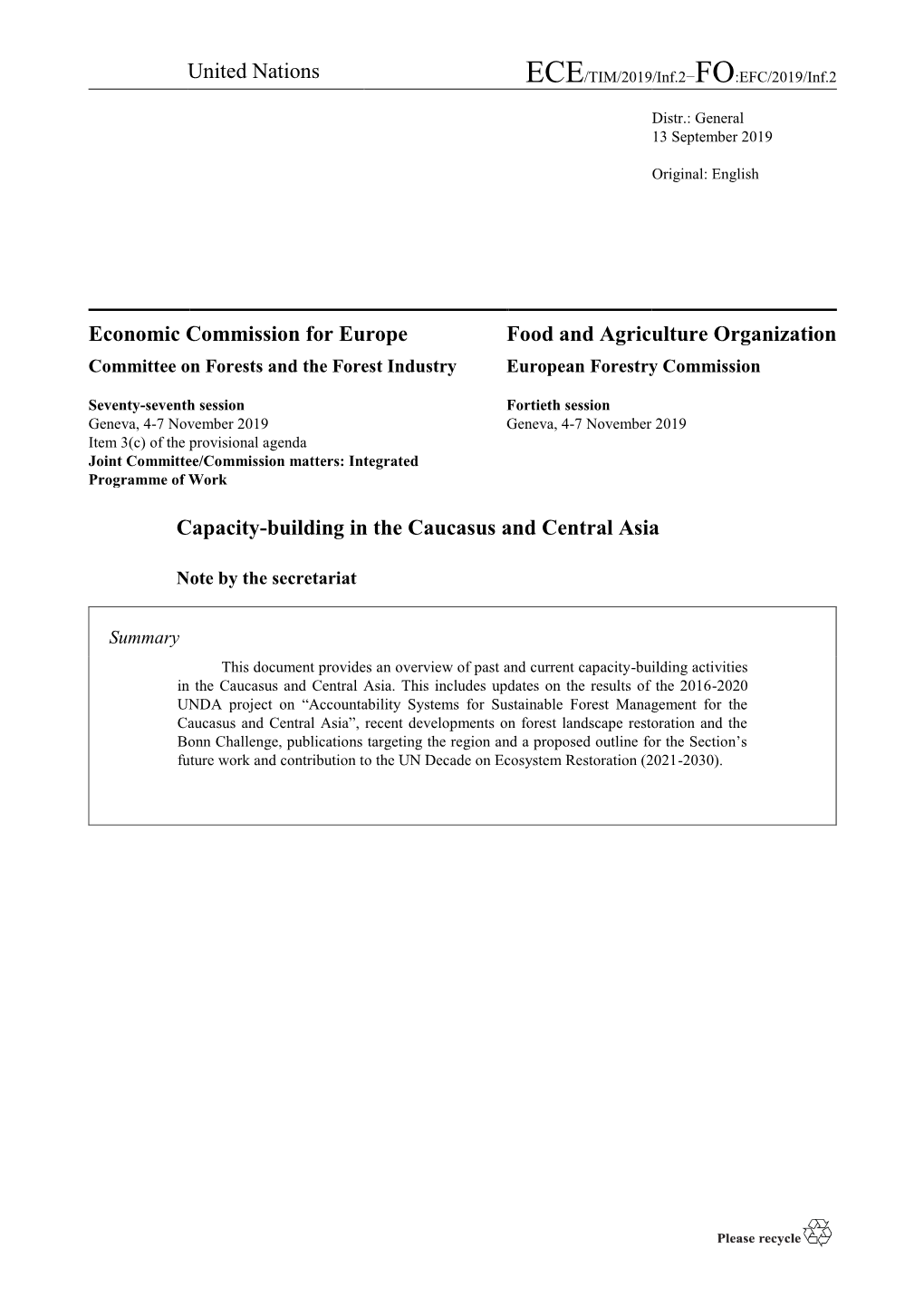 FO:EFC/2019/Inf.2 Capacity-Building in the Caucasus and Central Asia