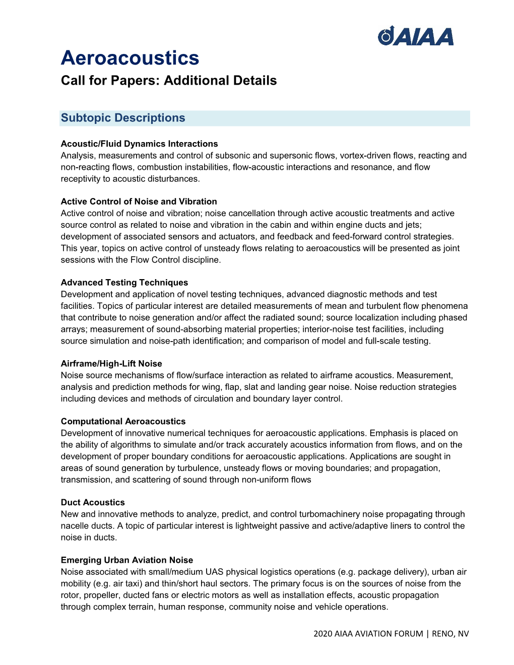 Aeroacoustics Call for Papers: Additional Details