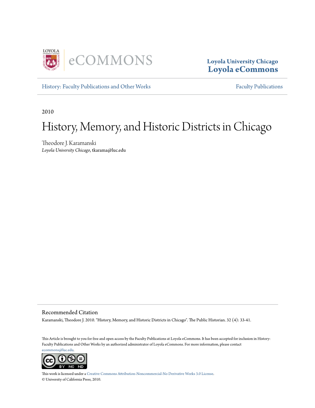 History, Memory, and Historic Districts in Chicago Theodore J