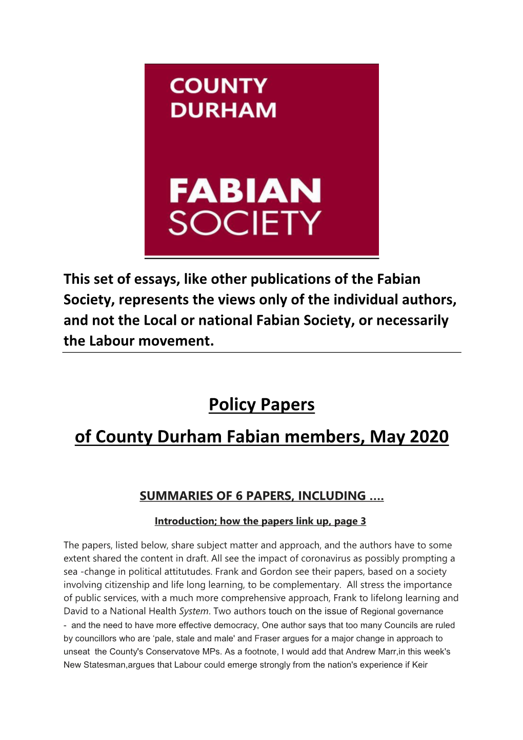 Policy Papers of County Durham Fabian Members, May 2020