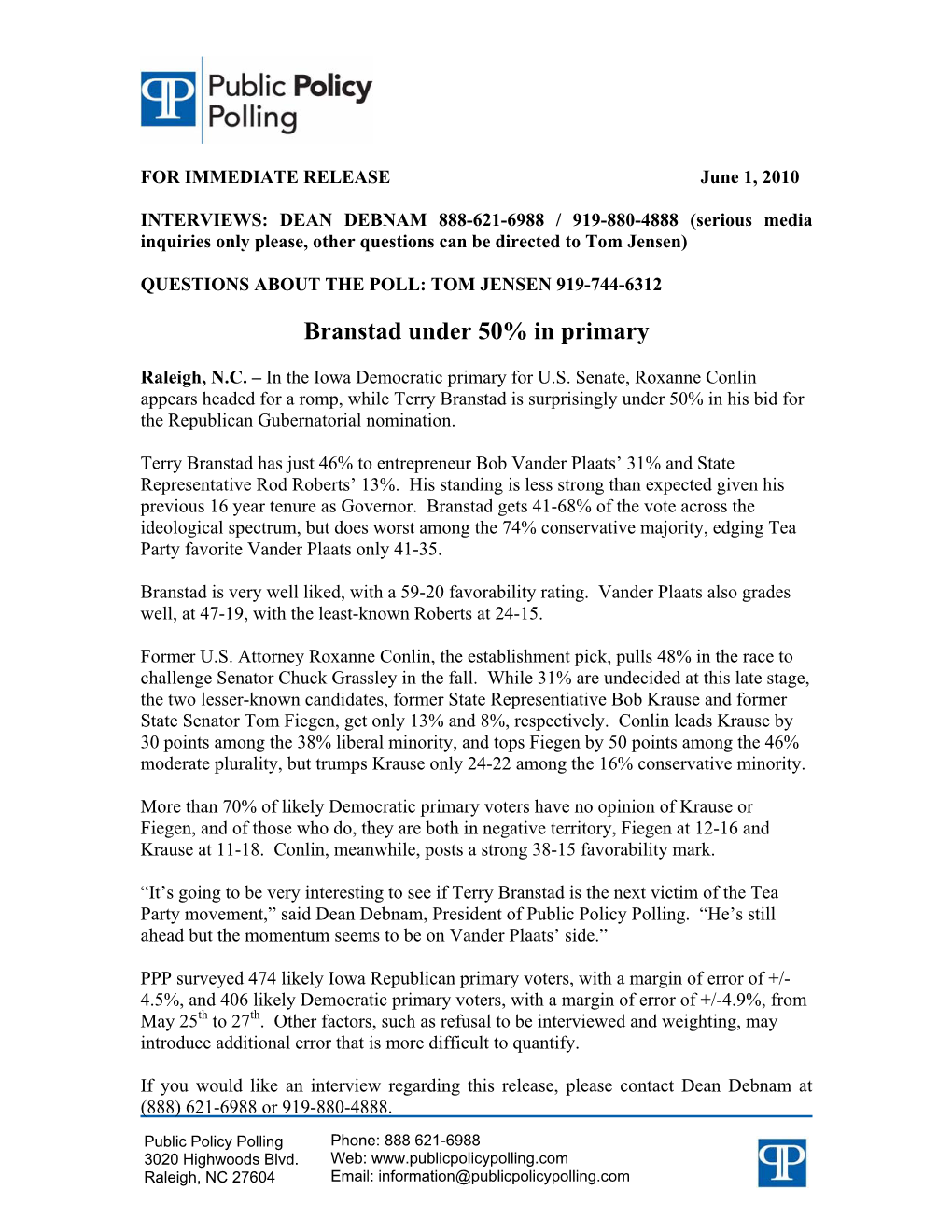 Branstad Under 50% in Primary