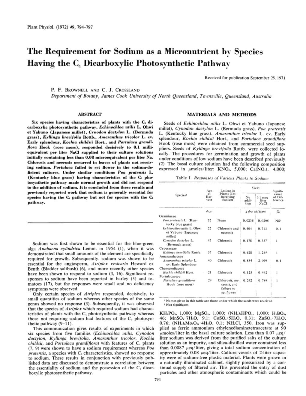 The Requirement for Sodium As a Micronutrient by Species Having the C4 Dicarboxylic Photosynthetic Pathway