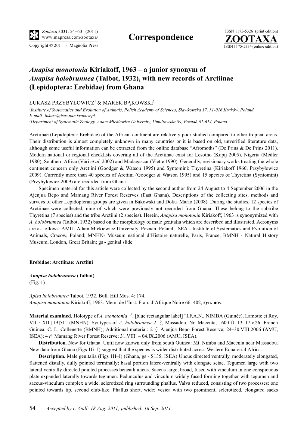 Anapisa Monotonia Kiriakoff, 1963 – a Junior Synonym of Anapisa Holobrunnea (Talbot, 1932), with New Records of Arctiinae (Lepidoptera: Erebidae) from Ghana