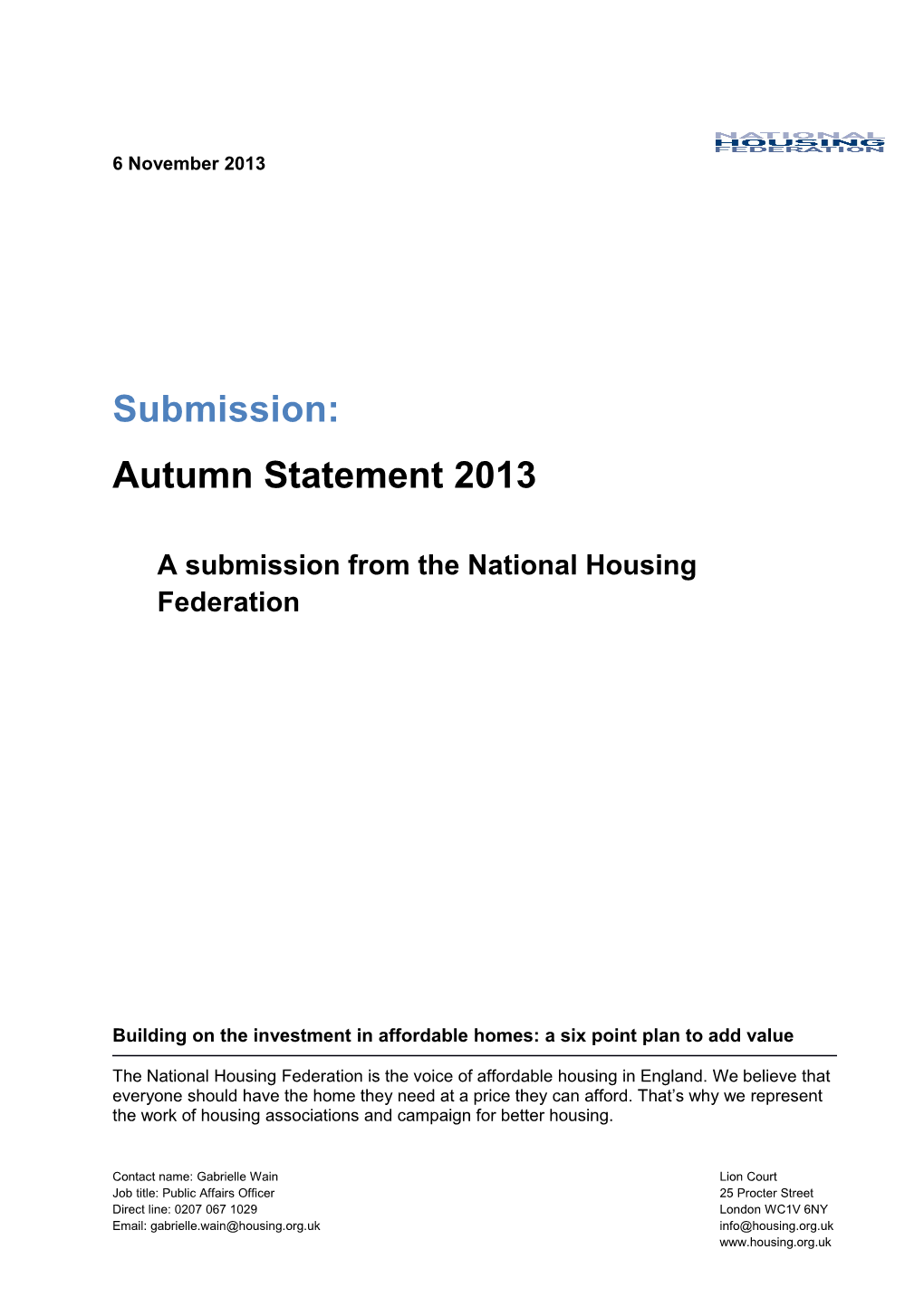 A Submission from the National Housing Federation