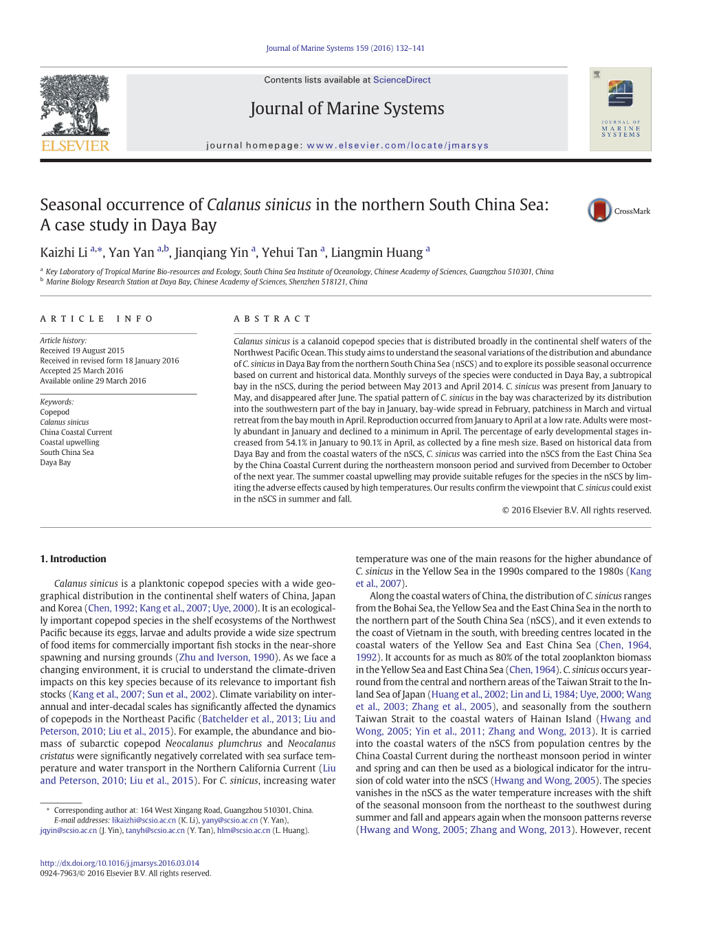 Seasonal Occurrence of Calanus Sinicus in the Northern South China Sea: a Case Study in Daya Bay