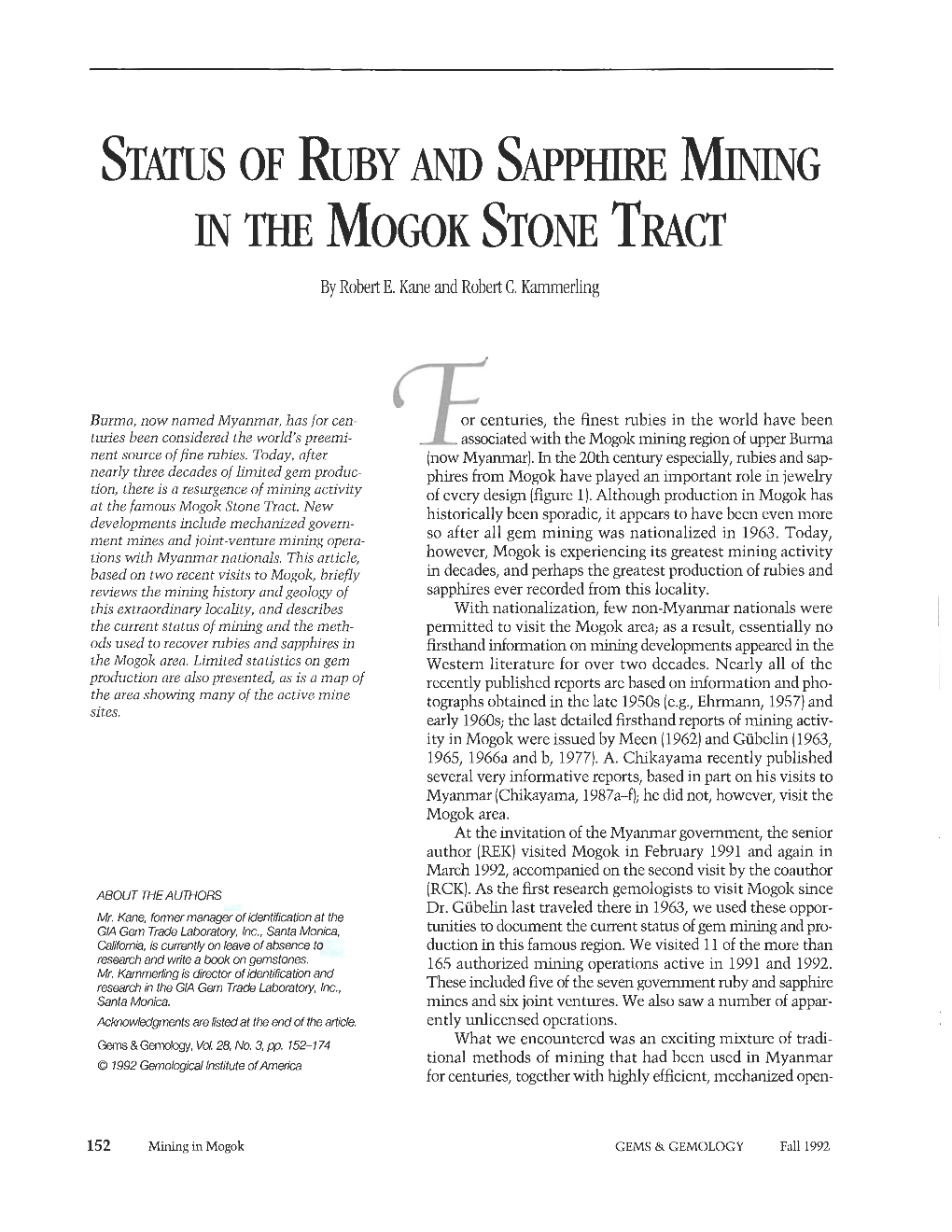 Status of Ruby and Sapphire Mining in the Mogok Stone Tract