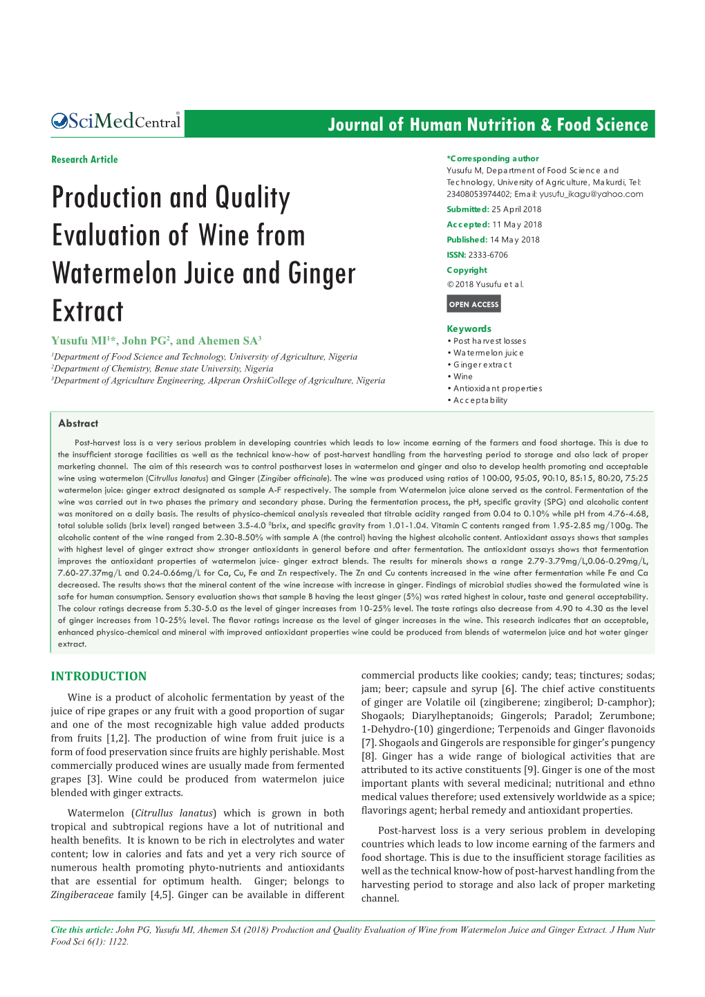 Production and Quality Evaluation of Wine from Watermelon Juice and Ginger Extract