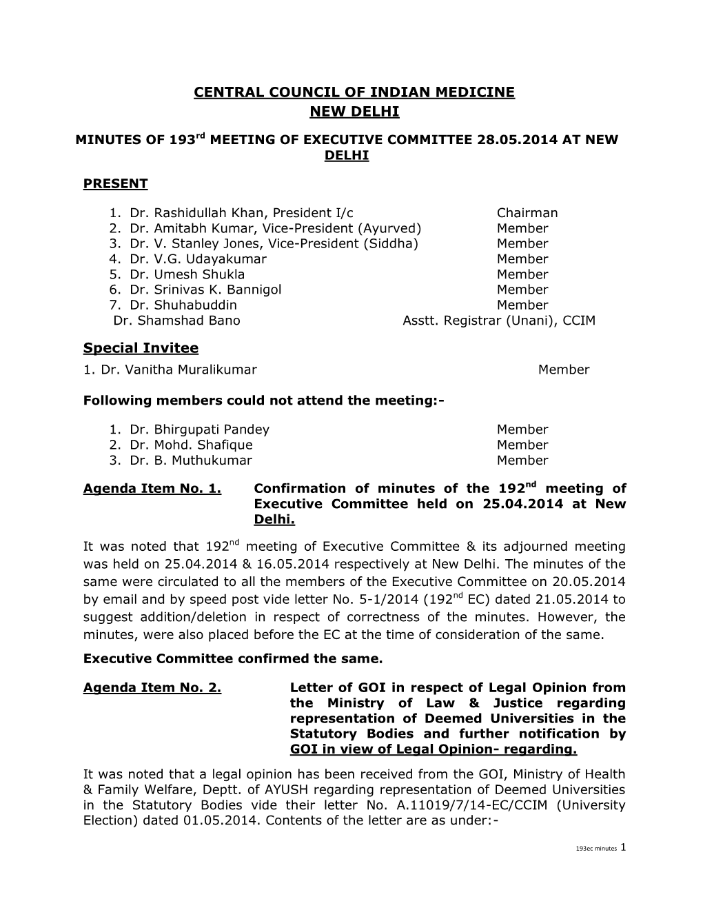 MINUTES of 193Rd MEETING of EXECUTIVE COMMITTEE 28.05.2014 at NEW DELHI