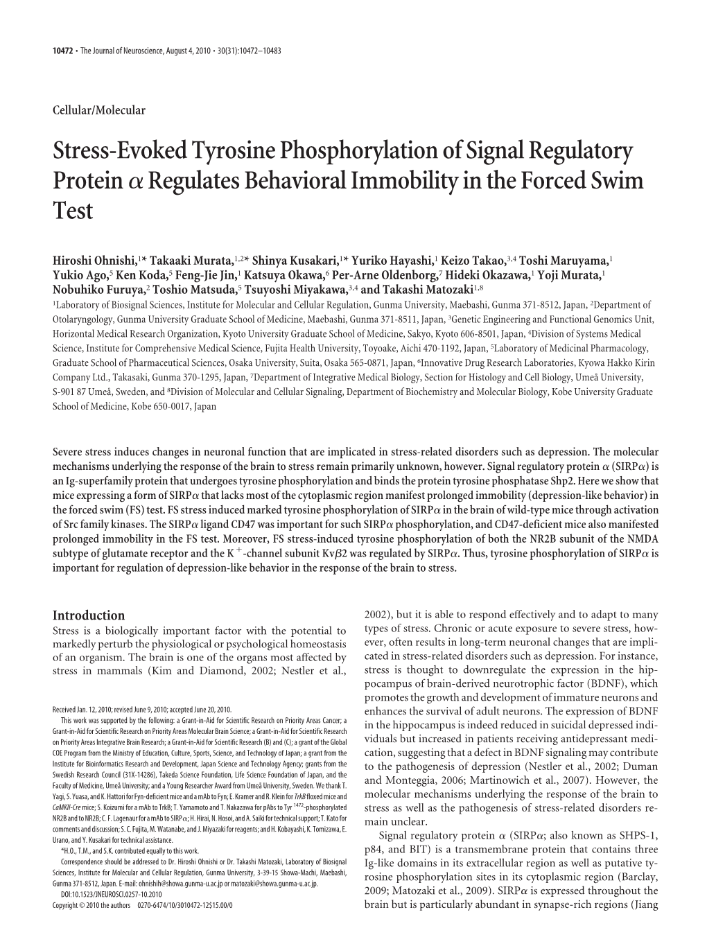 Stress-Evoked Tyrosine Phosphorylation of Signal Regulatory Protein ␣ Regulates Behavioral Immobility in the Forced Swim Test