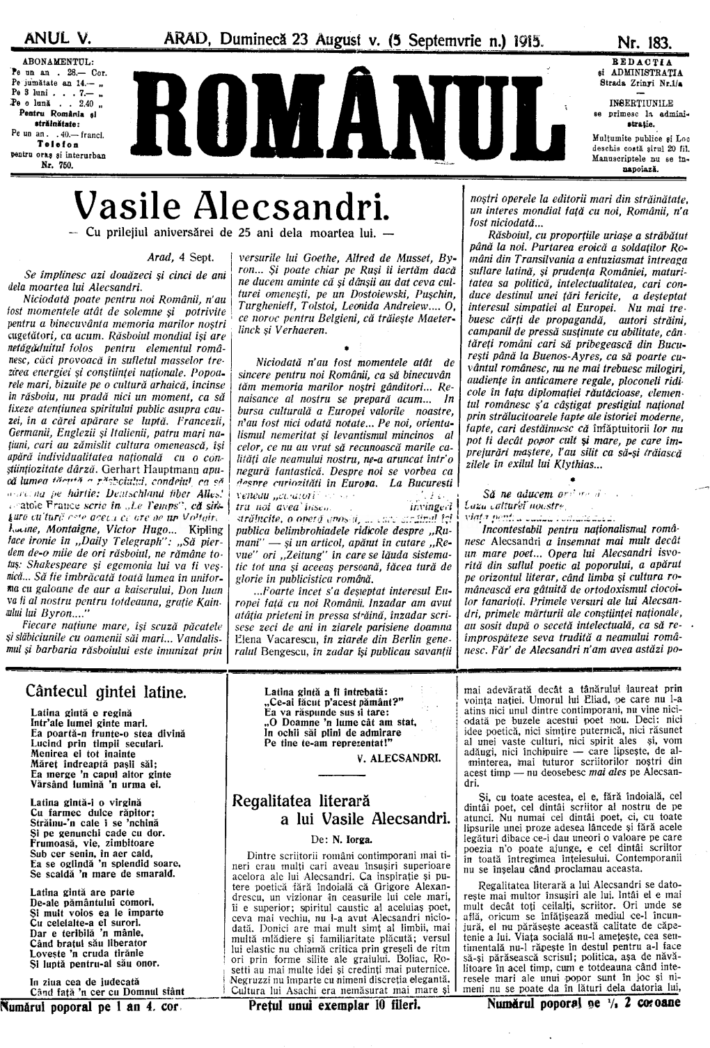 Vasile Alecsandri. Un Interes Mondial Faţă Cu Noi, Românii, N'a Fost Niciodată