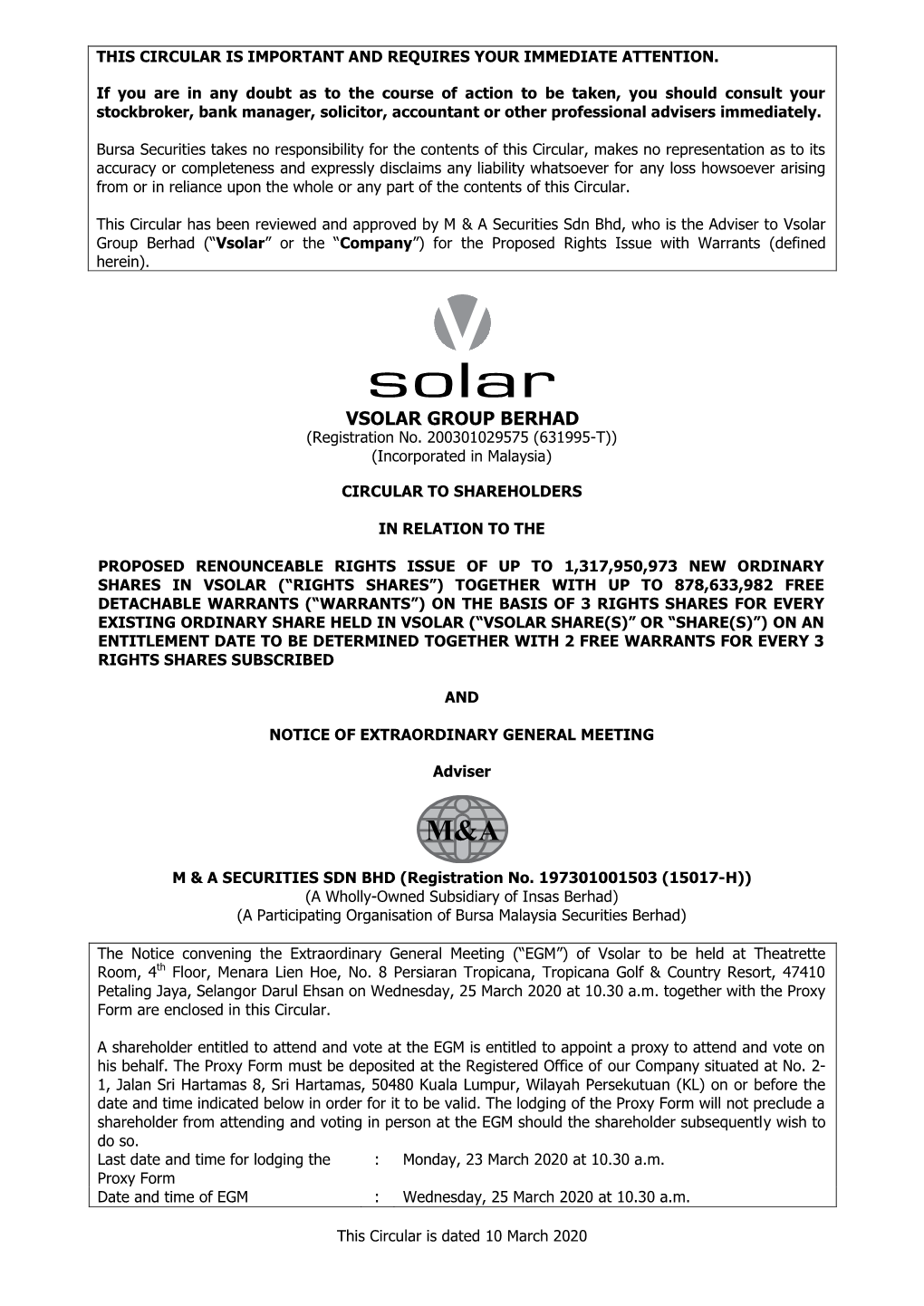 Circular to Shareholders in Relation to the Proposed Renounceable Rights Issue with Warrants