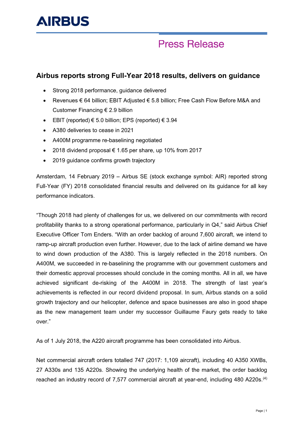 FY2018 Airbus PRESS RELEASE