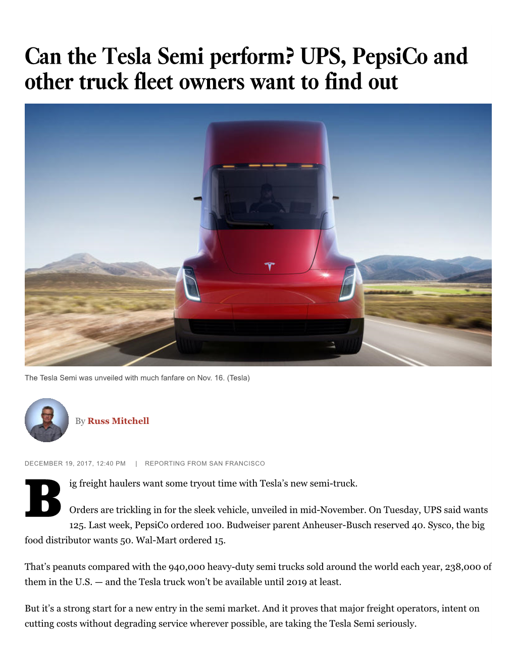 Can the Tesla Semi Perform? UPS, Pepsico and Other Truck Fleet Owners Want to Find Out