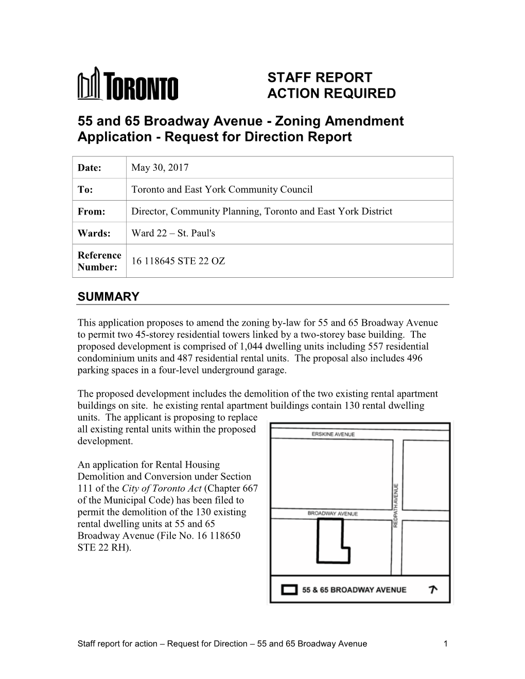 55 and 65 Broadway Avenue - Zoning Amendment Application - Request for Direction Report