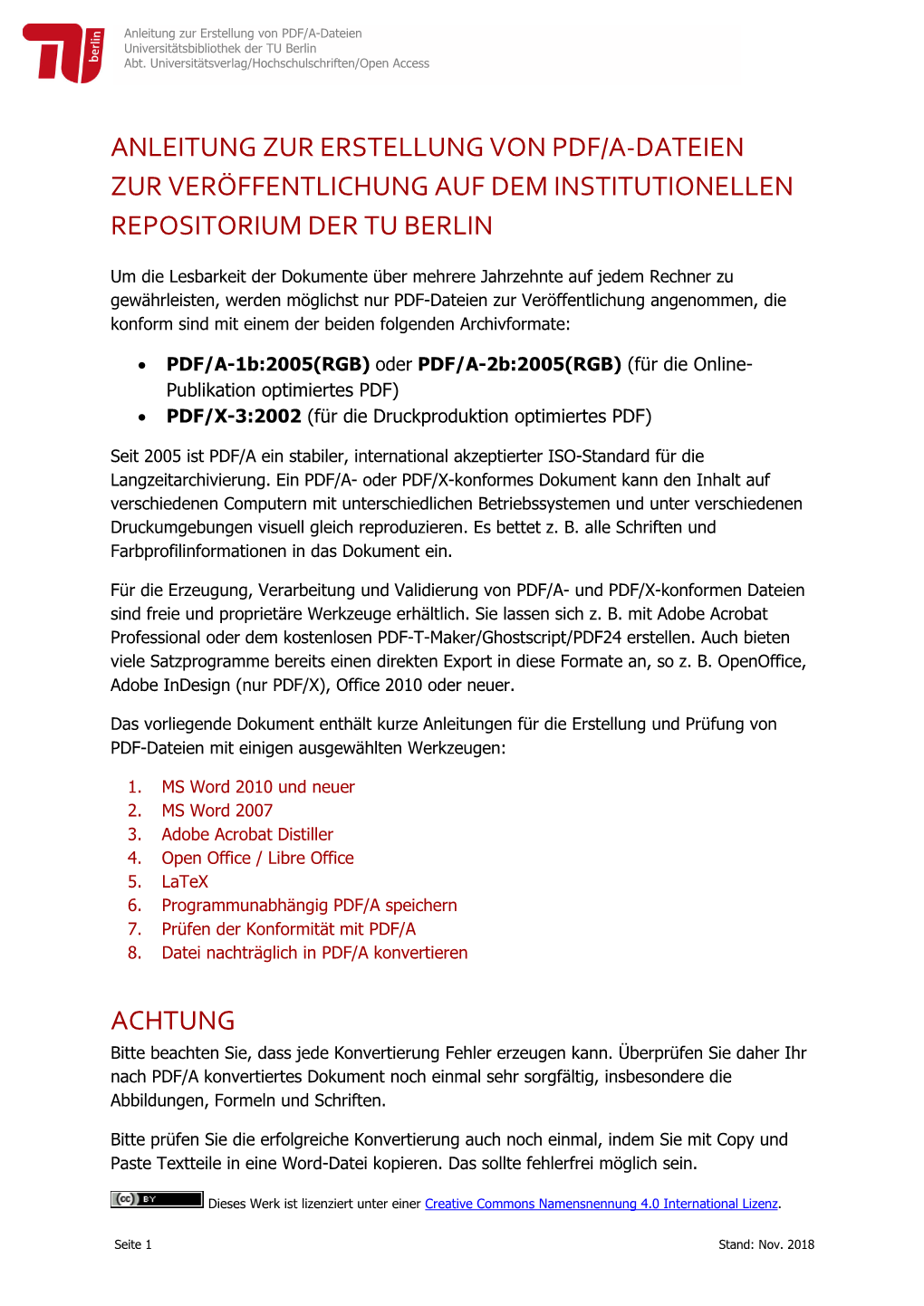 Anleitung Zur Erstellung Von PDF/A-Dateien Universitätsbibliothek Der TU Berlin Abt