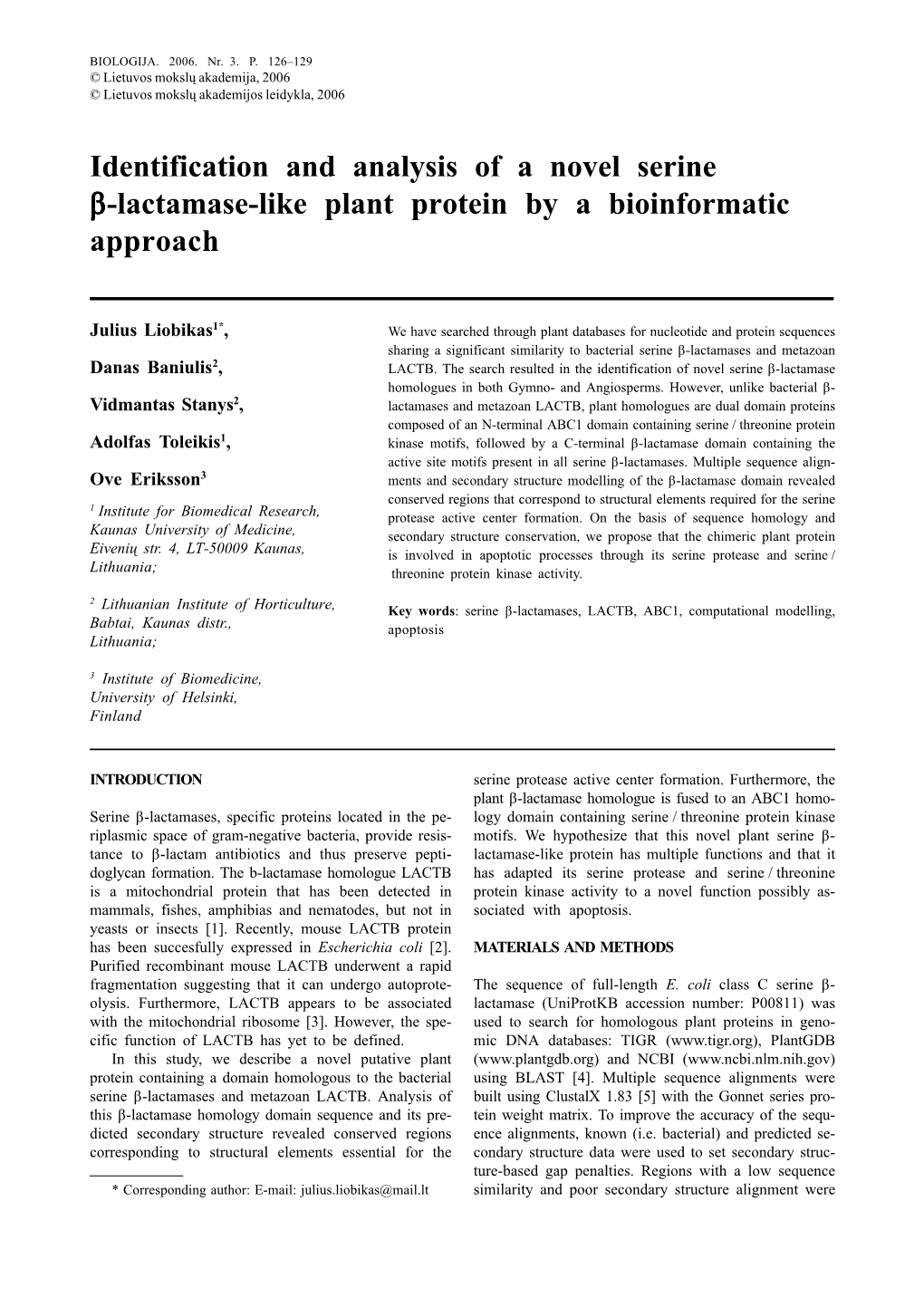 Identification and Analysis of a Novel Serine Β-Lactamase-Like Plant Protein by a Bioinformatic Approach