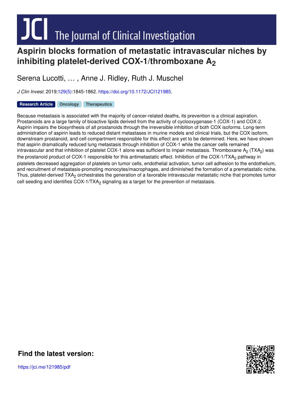 Aspirin Blocks Formation of Metastatic Intravascular Niches by Inhibiting Platelet-Derived COX-1/Thromboxane A2