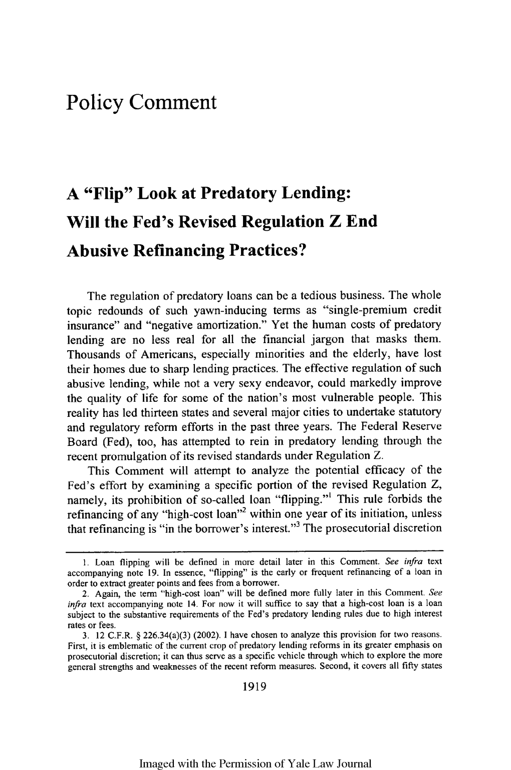 A "Flip" Look at Predatory Lending: Will the Fed's Revised Regulation Z End Abusive Refinancing Practices?