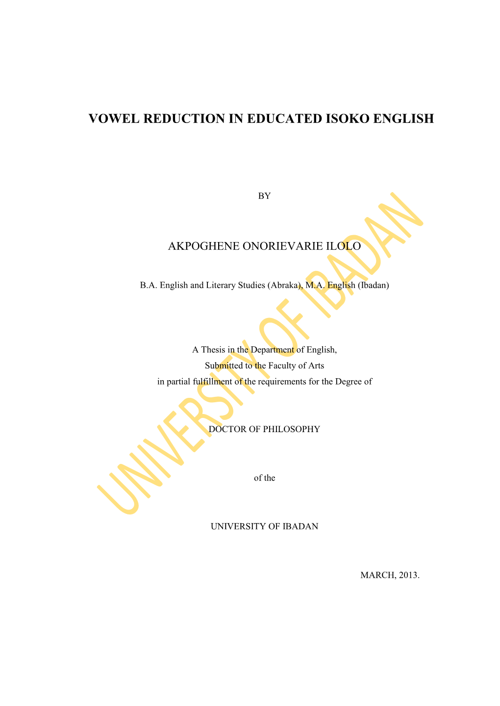 Vowel Reduction in Educated Isoko English