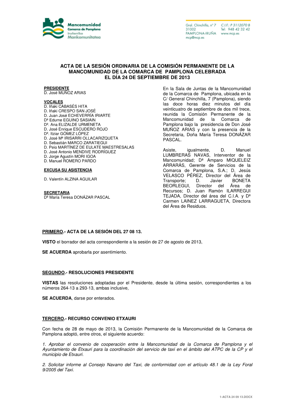 Acta De La Sesión Ordinaria De La Comisión Permanente De La Mancomunidad De La Comarca De Pamplona Celebrada El Día 24 De Septiembre De 2013