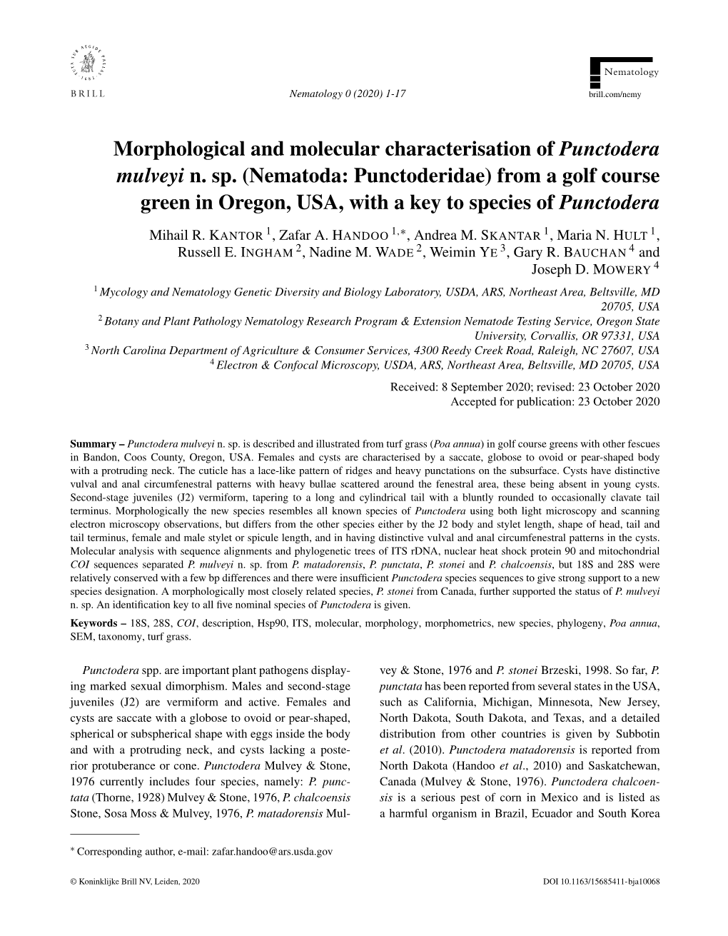 Morphological and Molecular Characterisation of Punctodera Mulveyi N