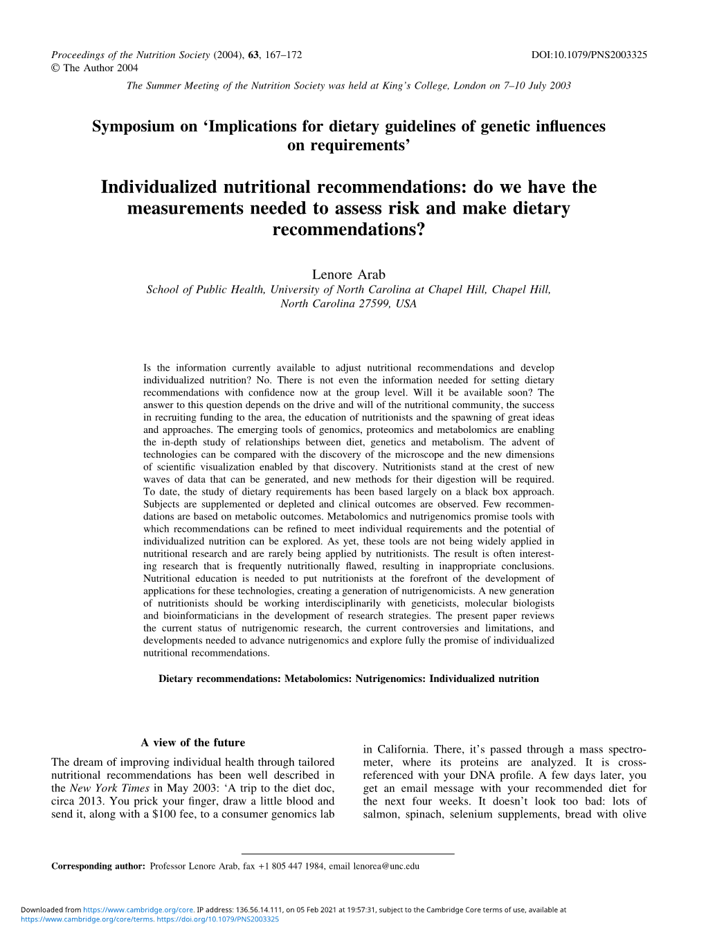 Individualized Nutritional Recommendations: Do We Have the Measurements Needed to Assess Risk and Make Dietary Recommendations?