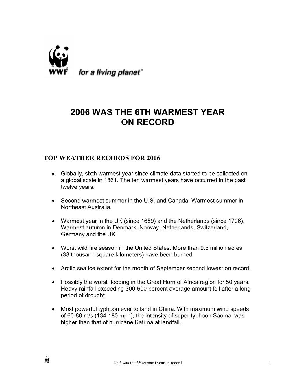 2006 Was the 6Th Warmest Year on Record